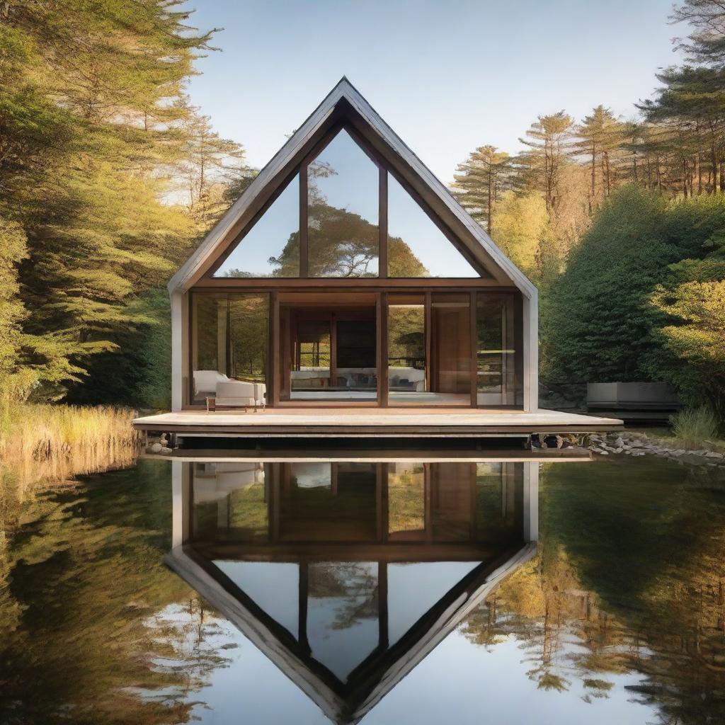 A large, multifaceted boathouse, elegantly sitting by the water, reflecting in the calm waves.