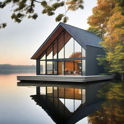 A large, multifaceted boathouse, elegantly sitting by the water, reflecting in the calm waves.