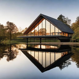 A large, multifaceted boathouse, elegantly sitting by the water, reflecting in the calm waves.