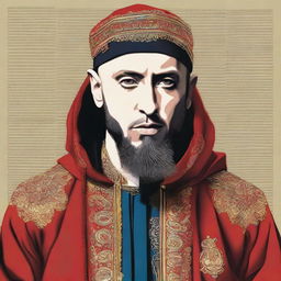 High-quality, unique rendition of rapper Eminem outfitted with an Ottoman serban and a beard, showcasing cultural blending.