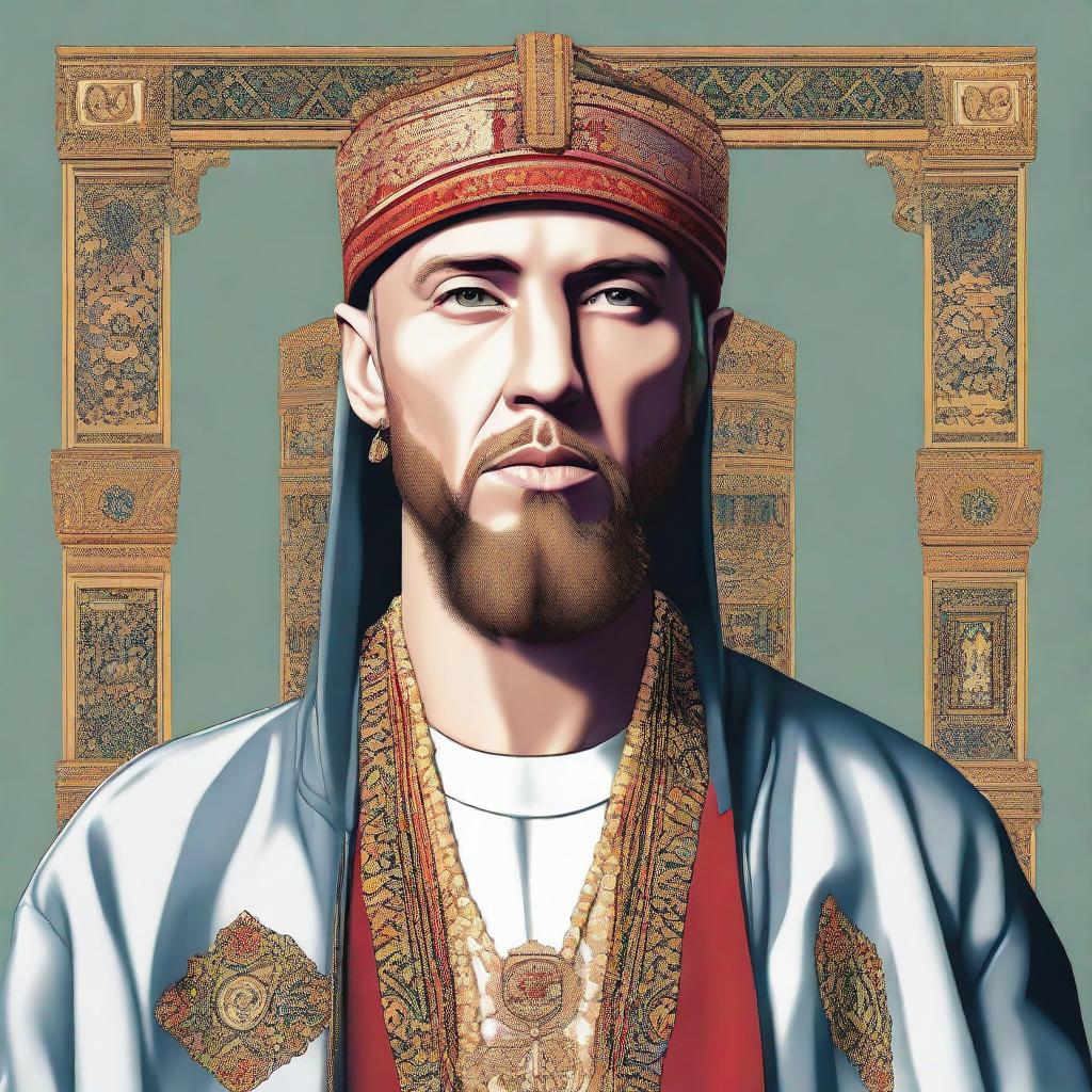 High-quality, unique rendition of rapper Eminem outfitted with an Ottoman serban and a beard, showcasing cultural blending.