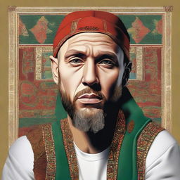 High-quality, unique rendition of rapper Eminem outfitted with an Ottoman serban and a beard, showcasing cultural blending.