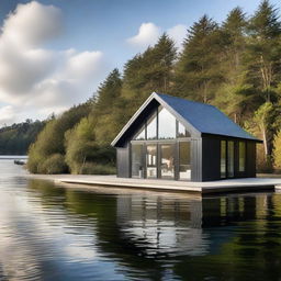 An impressively designed large boathouse set against a sparkling water backdrop.