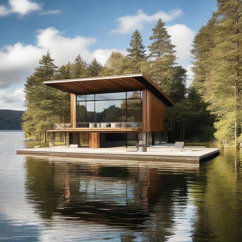 An impressively designed large boathouse set against a sparkling water backdrop.