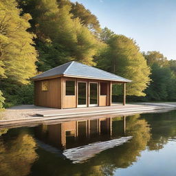 An impressively designed large boathouse set against a sparkling water backdrop.