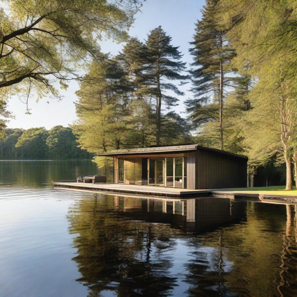 An impressively designed large boathouse set against a sparkling water backdrop.