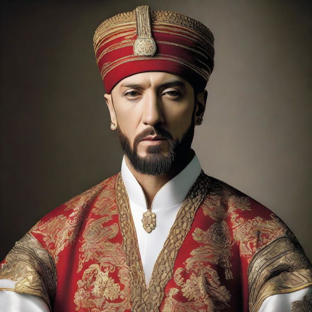 Eminem dressed like an Ottoman Sultan, complete with a turban and traditional attire, sporting a beard, designed with high quality details