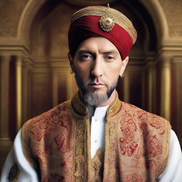 Eminem dressed like an Ottoman Sultan, complete with a turban and traditional attire, sporting a beard, designed with high quality details