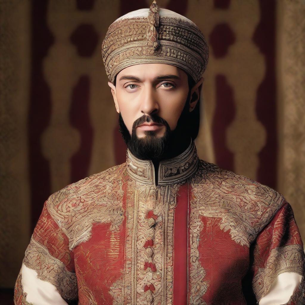 Eminem dressed like an Ottoman Sultan, complete with a turban and traditional attire, sporting a beard, designed with high quality details