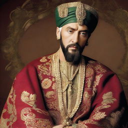 Eminem dressed like an Ottoman Sultan, complete with a turban and traditional attire, sporting a beard, designed with high quality details