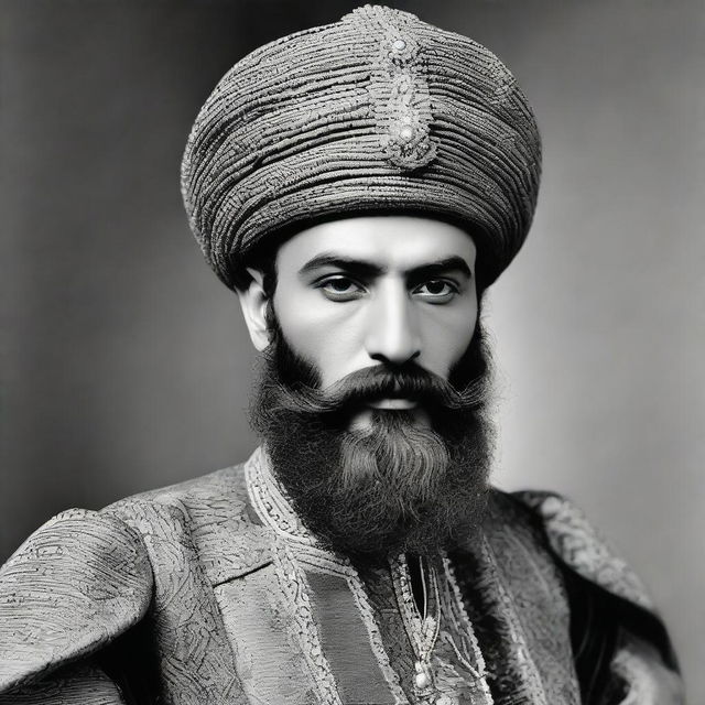 Couhaib Driouech dressed in vintage Ottoman Sultan's attire, featuring an ornate turban and noble clothing, coupled with a well-groomed beard.