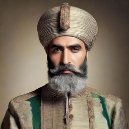 Couhaib Driouech dressed in vintage Ottoman Sultan's attire, featuring an ornate turban and noble clothing, coupled with a well-groomed beard.