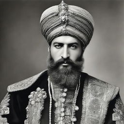 Couhaib Driouech dressed in vintage Ottoman Sultan's attire, featuring an ornate turban and noble clothing, coupled with a well-groomed beard.