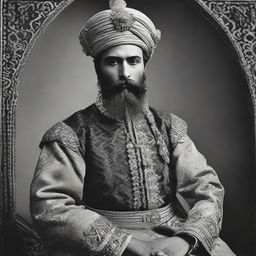 Couhaib Driouech dressed in vintage Ottoman Sultan's attire, featuring an ornate turban and noble clothing, coupled with a well-groomed beard.