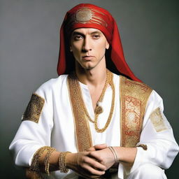 Eminem in high-quality attire, donning an Ottoman turban e sherif, indicative of regal Ottoman culture