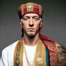 Eminem in high-quality attire, donning an Ottoman turban e sherif, indicative of regal Ottoman culture