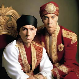 Eminem in high-quality attire, donning an Ottoman turban e sherif, indicative of regal Ottoman culture