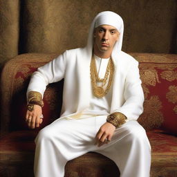 Eminem in high-quality attire, donning an Ottoman turban e sherif, indicative of regal Ottoman culture