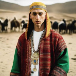 A high quality image of Eminem wearing traditional Afghani serban and attire, reflecting deep cultural nuances