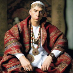 A high quality image of Eminem wearing traditional Afghani serban and attire, reflecting deep cultural nuances