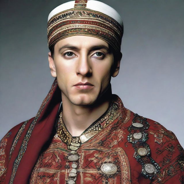 A high quality image of Eminem wearing traditional Afghani serban and attire, reflecting deep cultural nuances