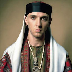 A high quality image of Eminem wearing traditional Afghani serban and attire, reflecting deep cultural nuances