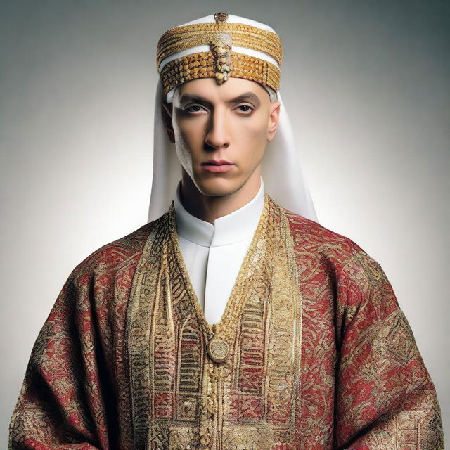 Eminem dressed in a traditional Serban and garments often seen in Middle Eastern attire, depicted with high-quality details