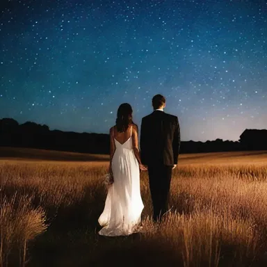 In the unenclosed field, under the starry night sky, the couple shared a romantic walk.