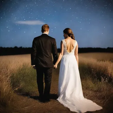 In the unenclosed field, under the starry night sky, the couple shared a romantic walk.