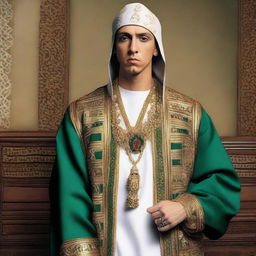 Eminem dressed in a traditional Serban and garments often seen in Middle Eastern attire, depicted with high-quality details