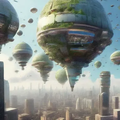 The story set in the future depicted a world with unenclosed cities floating in the air.