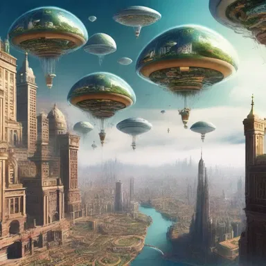 The story set in the future depicted a world with unenclosed cities floating in the air.