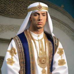 Eminem dressed in a traditional Serban and garments often seen in Middle Eastern attire, depicted with high-quality details