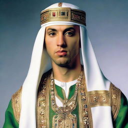 Eminem dressed in a traditional Serban and garments often seen in Middle Eastern attire, depicted with high-quality details