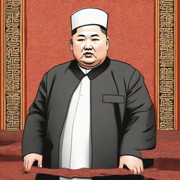 An illustration of Kim Jong Un portrayed as an Imam, wearing typical religious Islamic attire