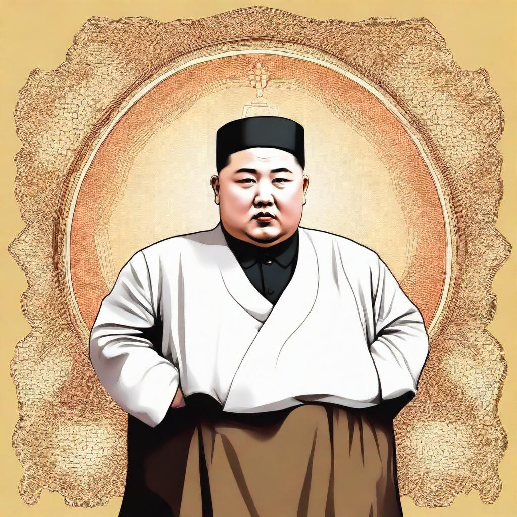 An illustration of Kim Jong Un portrayed as an Imam, wearing typical religious Islamic attire