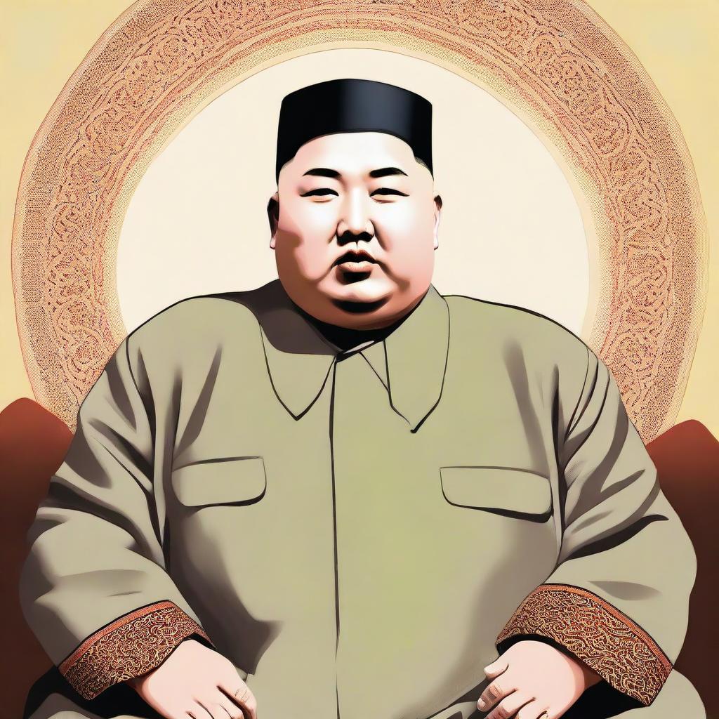 An illustration of Kim Jong Un portrayed as an Imam, wearing typical religious Islamic attire