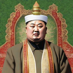 A high-quality depiction of Kim Jong Un as an Imam, dressed in traditional Islamic spiritual leader attire