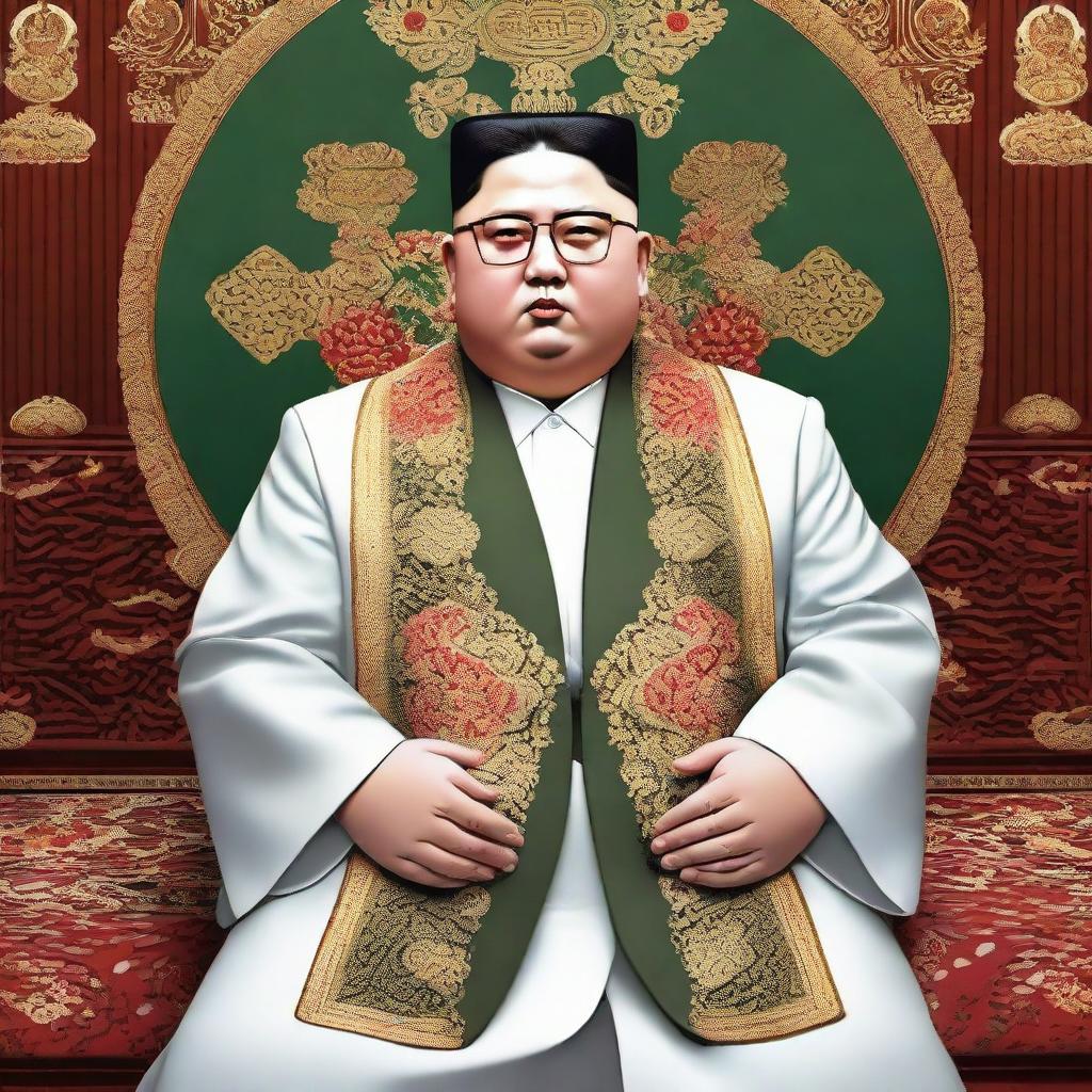 A high-quality depiction of Kim Jong Un as an Imam, dressed in traditional Islamic spiritual leader attire