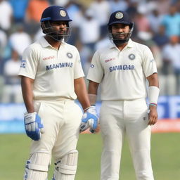 High definition photo of cricketers Rohit Sharma and Sachin Tendulkar together in their Indian cricket team gear