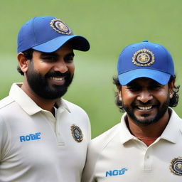 High definition photo of cricketers Rohit Sharma and Sachin Tendulkar together in their Indian cricket team gear