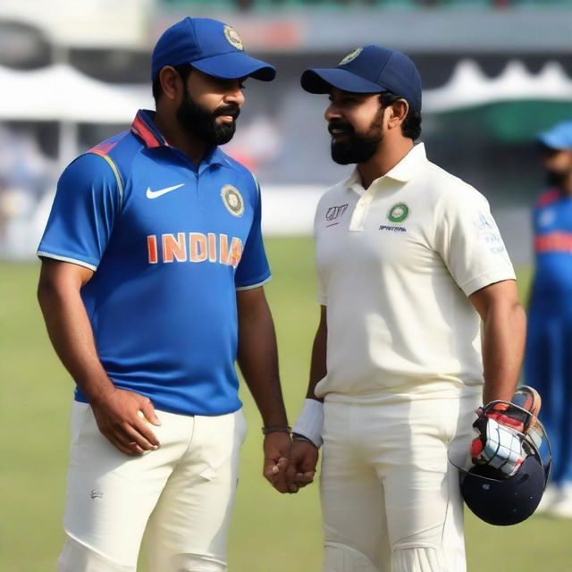 High definition photo of cricketers Rohit Sharma and Sachin Tendulkar together in their Indian cricket team gear