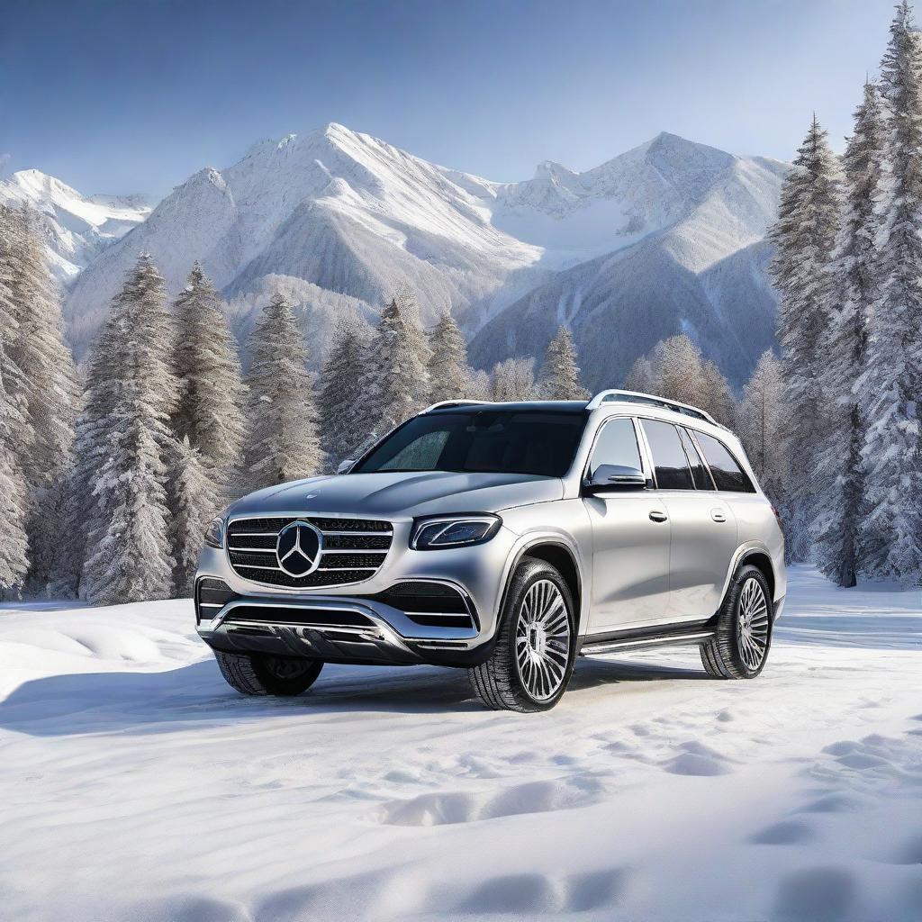 A high-quality image of a luxurious Mercedes Maybach GLS600, its sleek design and silver metallic sheen juxtaposed against a backdrop of fresh, sparkling snow.