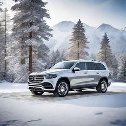 A high-quality image of a luxurious Mercedes Maybach GLS600, its sleek design and silver metallic sheen juxtaposed against a backdrop of fresh, sparkling snow.