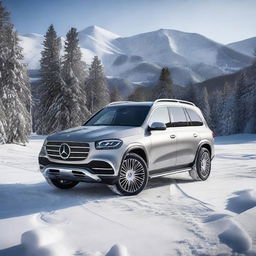 A high-quality image of a luxurious Mercedes Maybach GLS600, its sleek design and silver metallic sheen juxtaposed against a backdrop of fresh, sparkling snow.