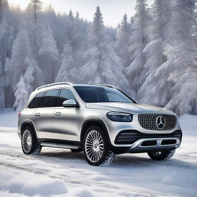 A high-quality image of a luxurious Mercedes Maybach GLS600, its sleek design and silver metallic sheen juxtaposed against a backdrop of fresh, sparkling snow.