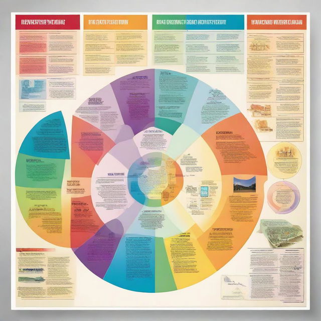 Create an informative and captivating poster representing different forms of societies, distinguished by their structures and norms, with color-coded sections and engaging visuals that represent each type of society.