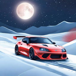 A vibrant Toyota Supra racing across a vast snowy landscape, snowflakes drifting in the air and shimmering under the spotlight of the moon