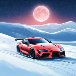 A vibrant Toyota Supra racing across a vast snowy landscape, snowflakes drifting in the air and shimmering under the spotlight of the moon