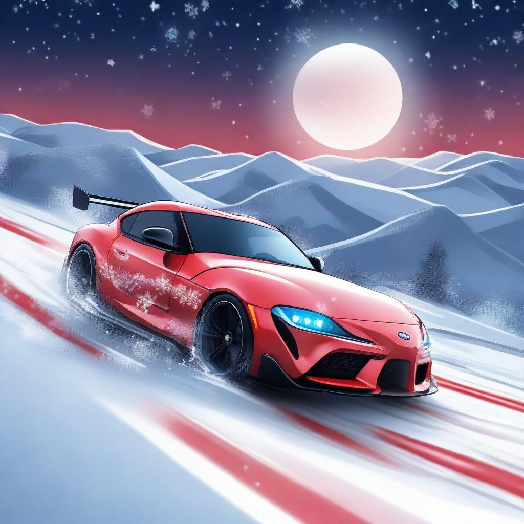 A vibrant Toyota Supra racing across a vast snowy landscape, snowflakes drifting in the air and shimmering under the spotlight of the moon